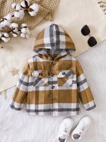 SHEIN Young Girl Plaid Print Flap Pocket Hooded Overcoat Without Tee