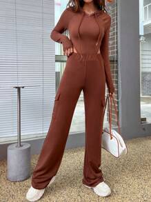 SHEIN Unity Solid Drawstring Hooded Bodysuit & Flap Pocket Side Pants - Hot Pink - View 1