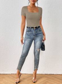 SHEIN Tall 素色大圓領連身背心 - 卡其色 - 查看 3