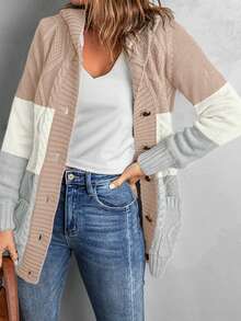 CILKOO 拼色連帽開襟衫 - 棕色 - 查看 3