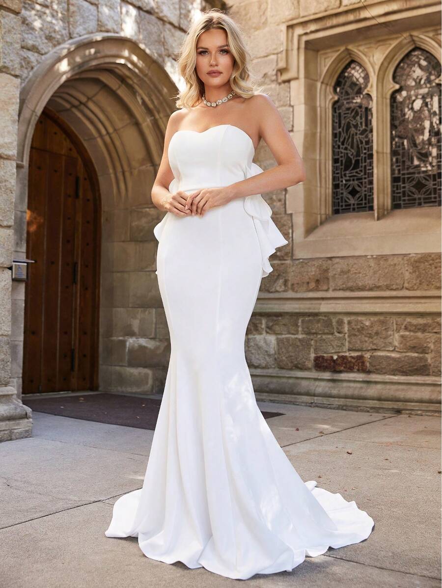 Ruffle Trim Mermaid Hem Tube Wedding Dress - White - View 1