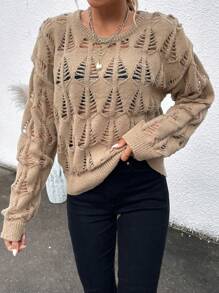 SHEIN LUNE 素色落肩袖套頭毛衣 - 卡其色 - 查看 6