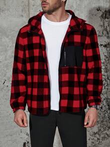 Manfinity Homme 男士加大號水牛格紋印花拉鍊抽繩帽夾克 - 紅色 - 查看 4