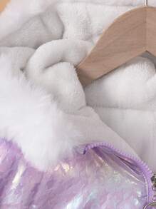 SHEIN Tween Girl 1pc Fuzzy Trim Hooded Holographic Zipper Thermal Lined Padded Coat - Mauve Purple - View 6