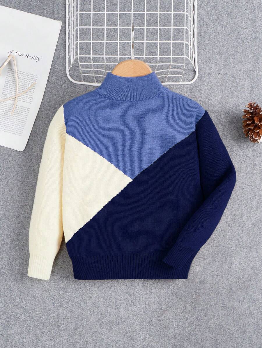 SHEIN 秋冬款小男孩拼色立领毛衣 - 彩色 - 查看 1