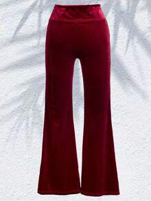 Split Hem Velvet Flare Leg Pants - Burgundy - View 2