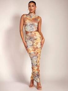 SHEIN BAE Tie Dye Mock Neck Crop Tank Top & Ruched Pencil Skirt - Multicolor - View 1