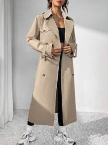 SHEIN EZwear Double Breasted Belted Trench Coat - Khaki - View 3