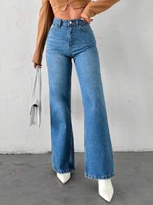 EURMUSE 100%Cotton Casual High Waist Wide Leg Jeans - Blue - View 4