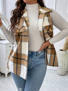 Plus Plaid Print Vest Overcoat, For Winter Fall Autumn - Mocha Brown - View 4