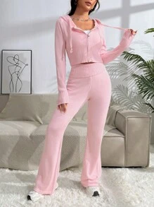 Flirla Zip Up Drawstring Knit Hoodie & Knit Pants - Pink - View 3