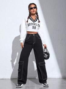 SHEIN EZwear 頂針翻蓋口袋工裝牛仔褲