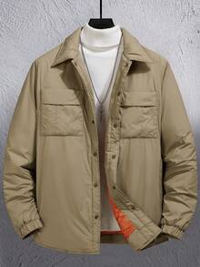 Manfinity Homme 男式翻盖口袋纽扣衬垫大衣（不含运动衫） - 卡其色 - 查看 4