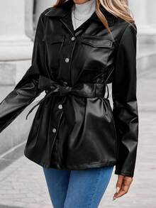 SHEIN Clasi 翻蓋口袋腰帶PU皮革外套