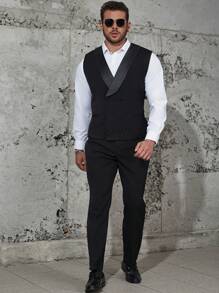 Manfinity 男士大码青果領雙排釦馬甲無襯衫 - 黑色 - 查看 6