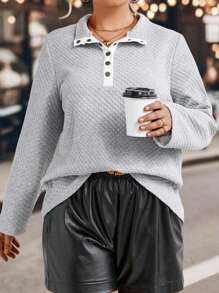 SHEIN LUNE Plus Half Button Sweatshirt Pullover Fall Sweatshirt - Grey - View 1
