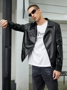 SWAVVY Nam Quá lớn Thả vai chất liệu da PU Áo khoác moto - màu đen - Xem 3