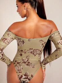 SHEIN BAE Body con estampado floral de hombros descubiertos bustier de malla - Multicolor - Ver 2