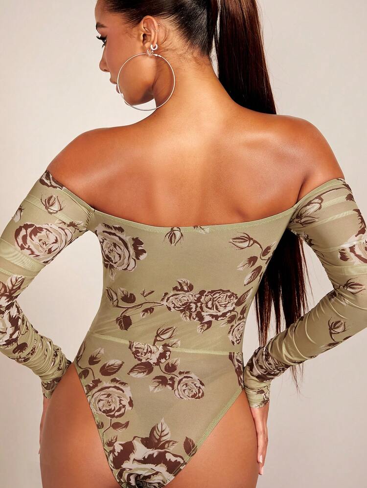 Floral Print Off Shoulder Bustier Mesh Bodysuit