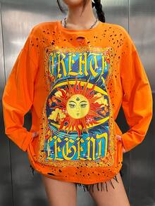 SHEIN EZwear mặt trời & Đồ họa Chữ cái Áo thun Thả vai - trái cam - Xem 3