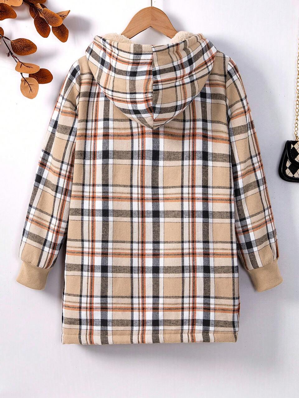 Tween Girl Plaid Print Teddy Lined Hooded Coat