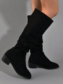 女性素色粗跟黑色靴子,時尚一腳蹬正式靴子,女性居家舒適靴子 - 黑色 - 查看 2