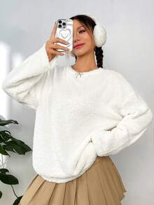 SHEIN Qutie Chất rắn Thả vai 	
Fuzzy Áo nỉ - trắng - Xem 4