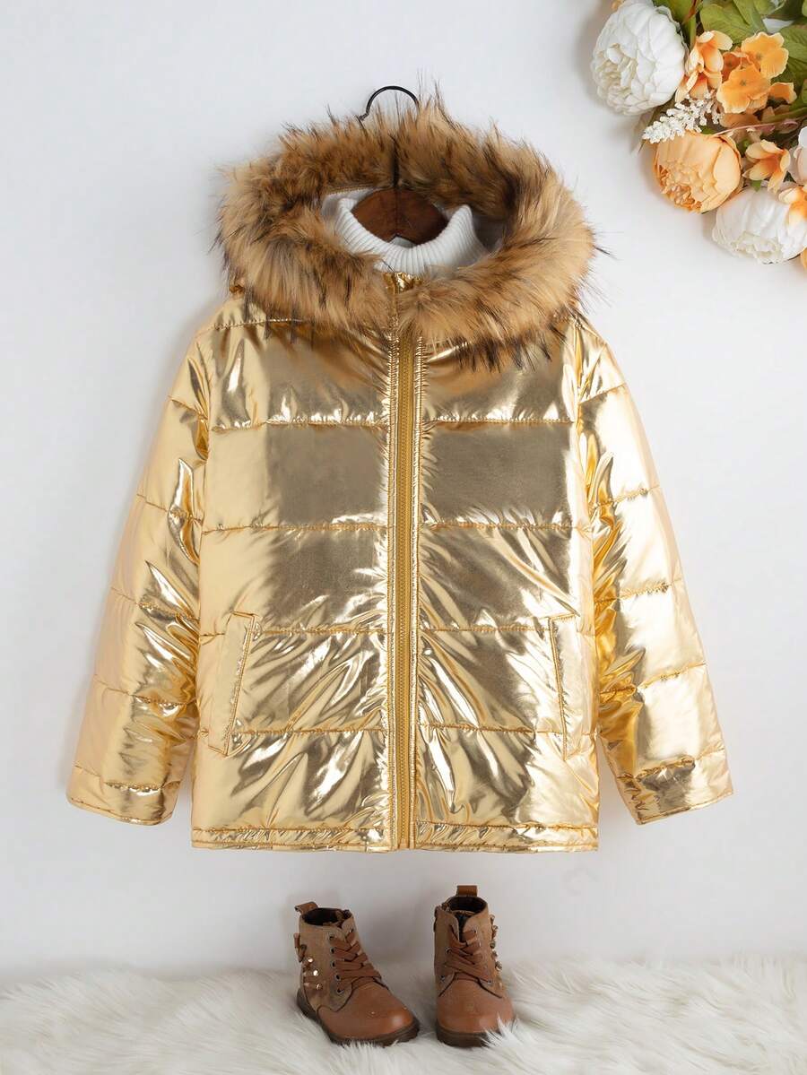 SHEIN Tween Girl Fuzzy Trim Hooded Padded Coat - Gold - View 1