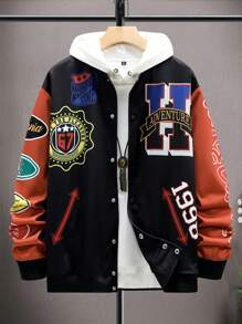 Manfinity EMRG Men Letter Graphic Colorblock Drop Shoulder Bomber Jacket - Black - View 1