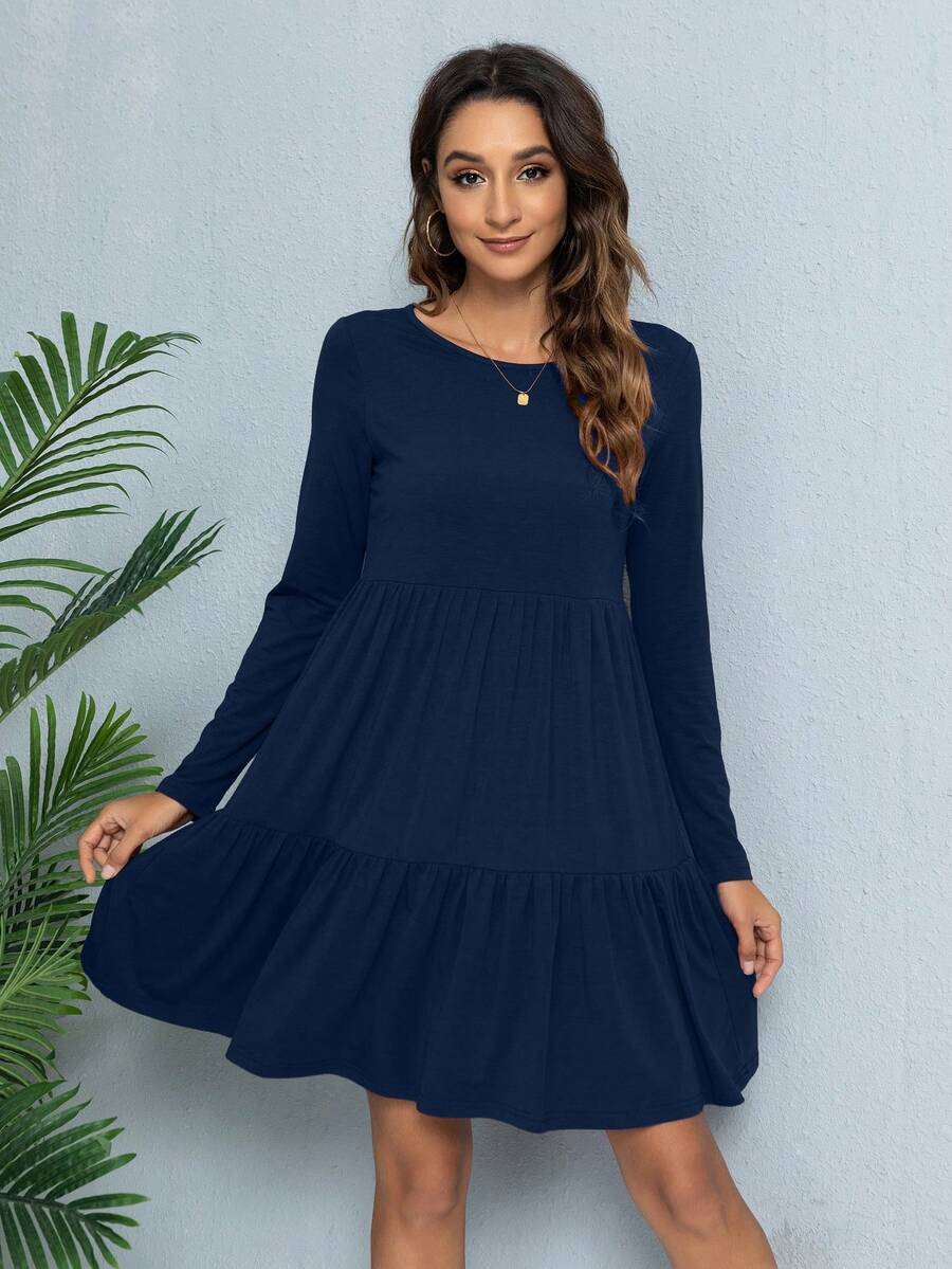 DEARCASE Chất rắn Xù Hoa Sen Váy Smock - Màu xanh hải quân - Xem 1