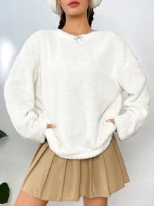 SHEIN Qutie Chất rắn Thả vai 	
Fuzzy Áo nỉ - trắng - Xem 1