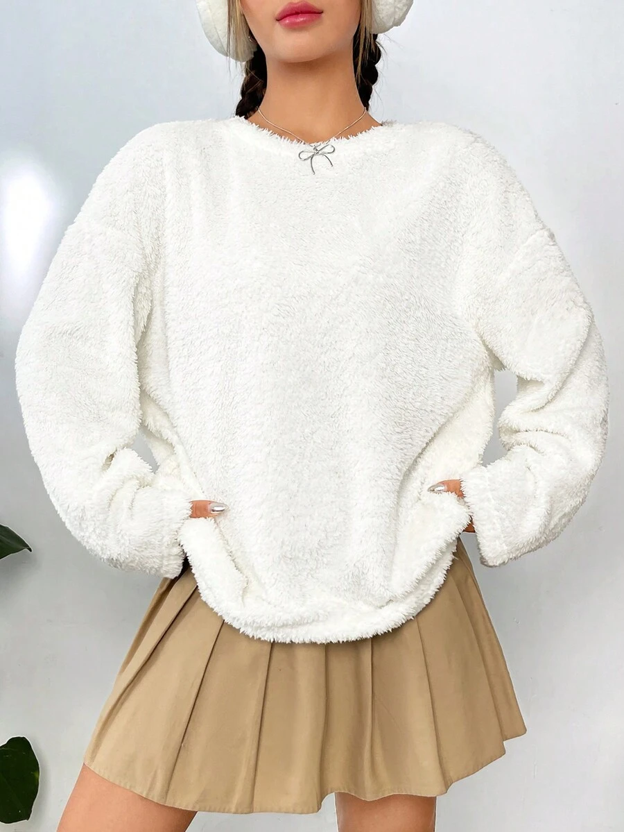 SHEIN Qutie Chất rắn Thả vai 	
Fuzzy Áo nỉ - trắng - Xem 1