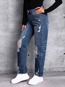 SHEIN LUNE Rách Quần legging thẳng - Màu xanh lam - Xem 4