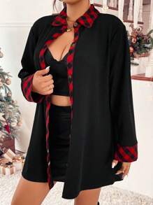 SHEIN LUNE Hơn In kẻ sọc Buffalo Nút phía trước áo - màu đen - Xem 4