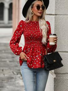 SHEIN Clasi 印花燈籠袖荷葉邊下擺襯衫 - 紅色 - 查看 1