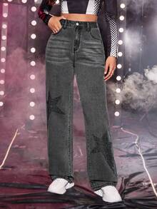 Star Pattern Straight Leg Jeans - Grey - View 4