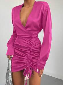 EURMUSE Surplice Neck Drawstring Front Ruched Dress - Pink - View 5