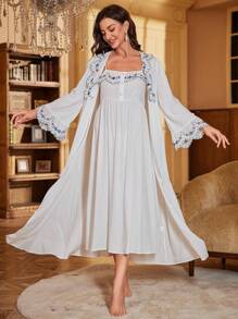 PalaceNights Embroidery Cami Nightdress & Robe Pajama Set White Set Holiday Season, Fall Clothes Cozy And Elegant Details, Winter - White - View 1