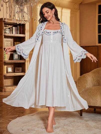 PalaceNights Embroidery Cami Nightdress & Robe Pajama Set White Set Holiday Season, Fall Clothes Cozy And Elegant Details, Winter