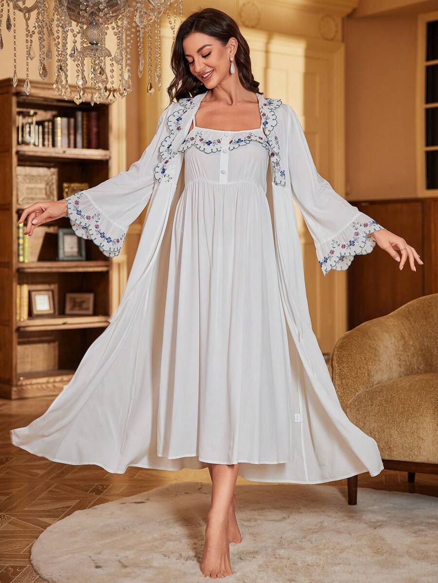 PalaceNights Embroidery Cami Nightdress & Robe Pajama Set White Set Holiday Season, Fall Clothes Cozy And Elegant Details, Winter - White - View 1