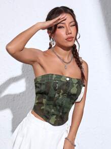 SHEIN EZwear Camo Print Tube Denim Top - Multicolor - View 1