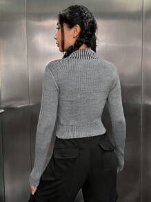 SHEIN EZwear Cárdigan Con Frente Abierto Y Cremallera Con Insignia Metálica Para Mujer