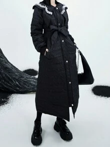 Slant Pockets Frill Trim Statement Collar Belted Down Coat - Black - View 1