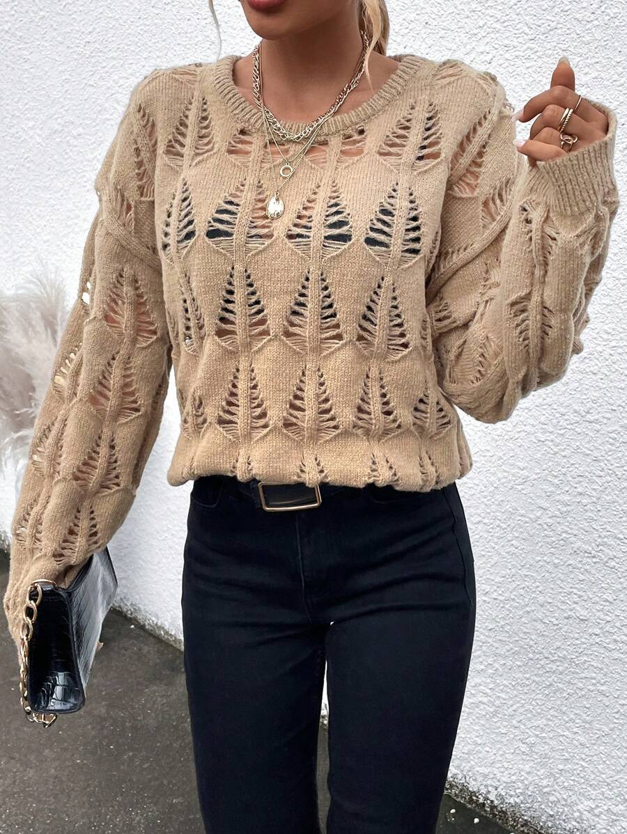 SHEIN LUNE 素色落肩袖套頭毛衣 - 卡其色 - 查看 1