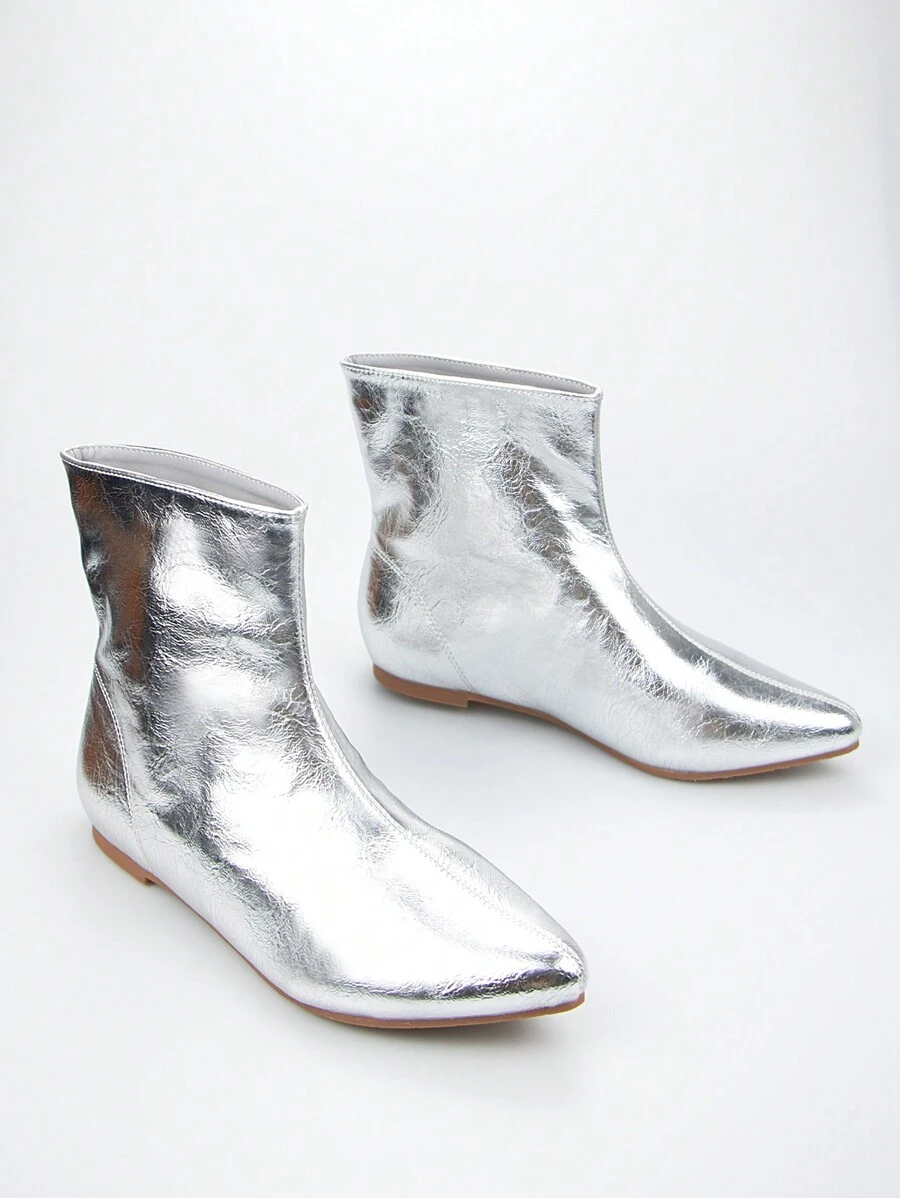 Women's Metallic Silver Flat Heel Ankle Boots - Silver - View 1