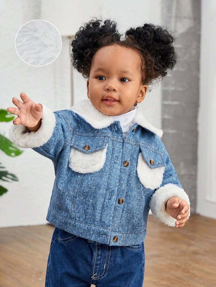 Baby Girl Flap Pocket Borg Collar Teddy Lined Jacket