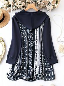 SHEIN LUNE Hơn In Địa lý Áo trùm đầu - Màu xanh hải quân - Xem 2