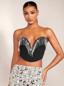 SHEIN BAE 水鑽流蘇邊吊帶上衣 - 黑色 - 查看 5