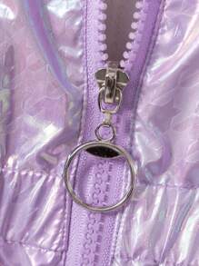 SHEIN Tween Girl 1pc Fuzzy Trim Hooded Holographic Zipper Thermal Lined Padded Coat - Mauve Purple - View 5