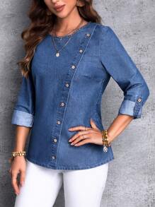 SHEIN LUNE Roll Tab Sleeve Button Detail Denim Top - Blue - View 7